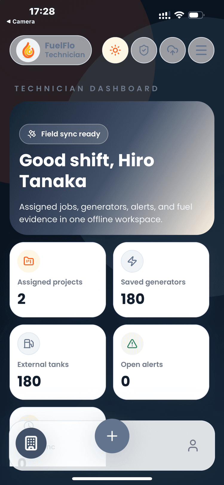 FuelFlo technician dashboard home screen showing assigned projects, saved generators, external tanks, and open alerts.