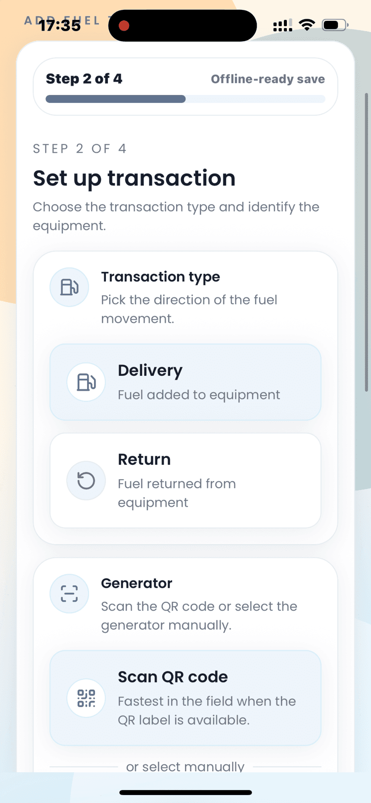FuelFlo set up transaction screen showing delivery or return selection and generator QR scan.