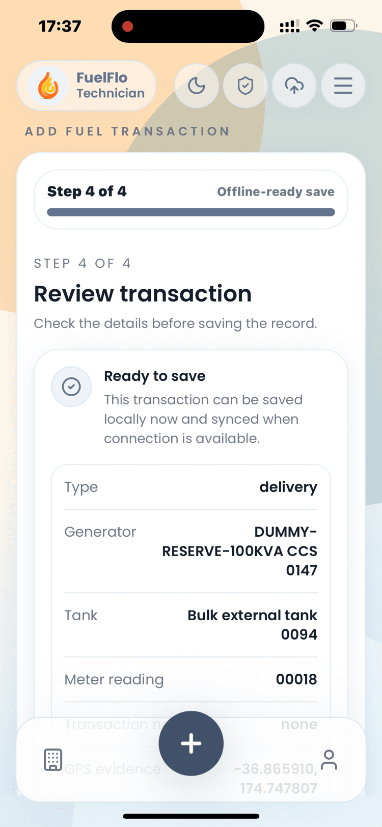 FuelFlo review transaction screen showing generator, tank, meter reading, and GPS evidence ready to save offline.