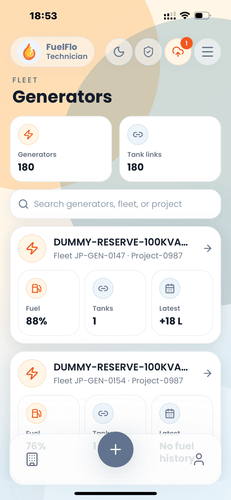 FuelFlo fleet generators screen showing fuel level, tank links, and latest delivery for each generator.