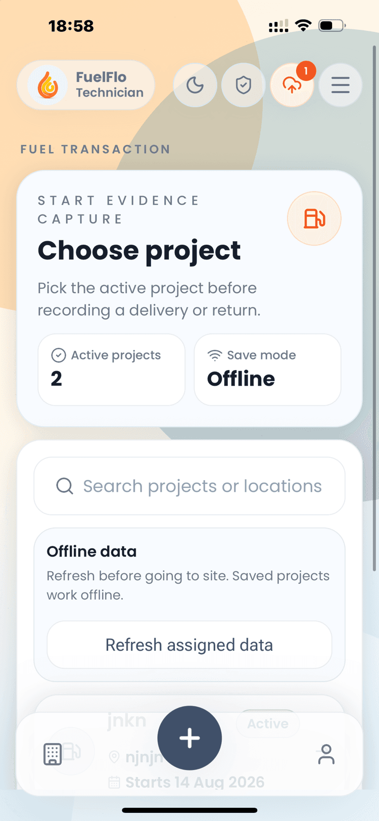 FuelFlo choose project screen showing active projects and offline save mode.