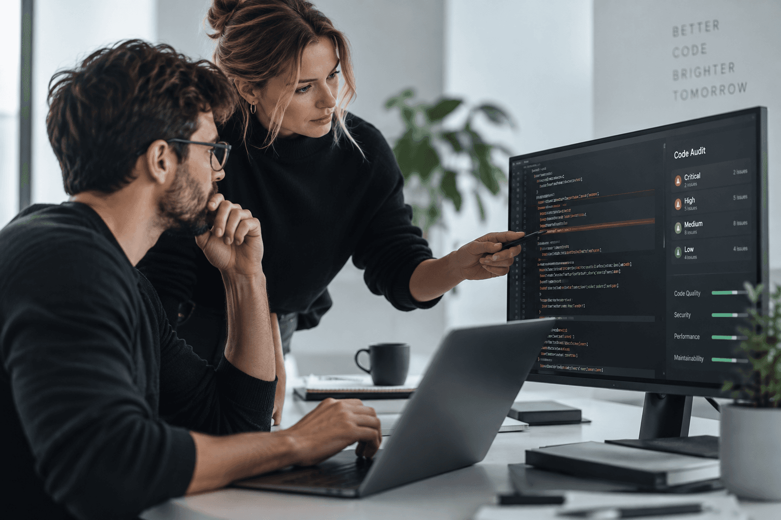 Two engineers reviewing a code audit dashboard on a monitor, flagging critical, high, medium, and low severity issues.