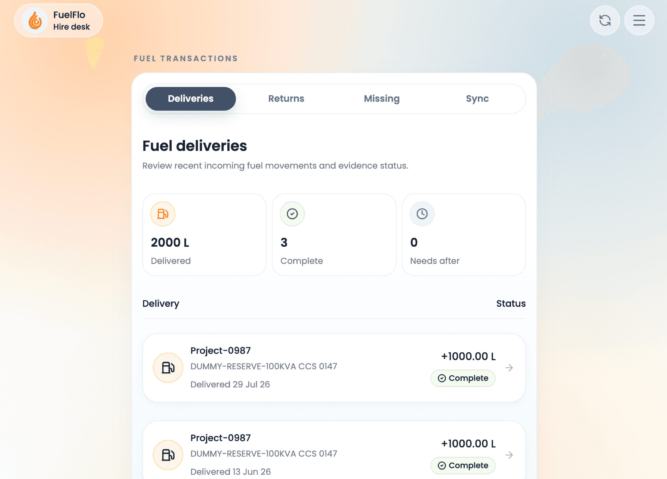 FuelFlo fuel transactions table on the web dashboard showing deliveries, returns, missing evidence, and sync status.