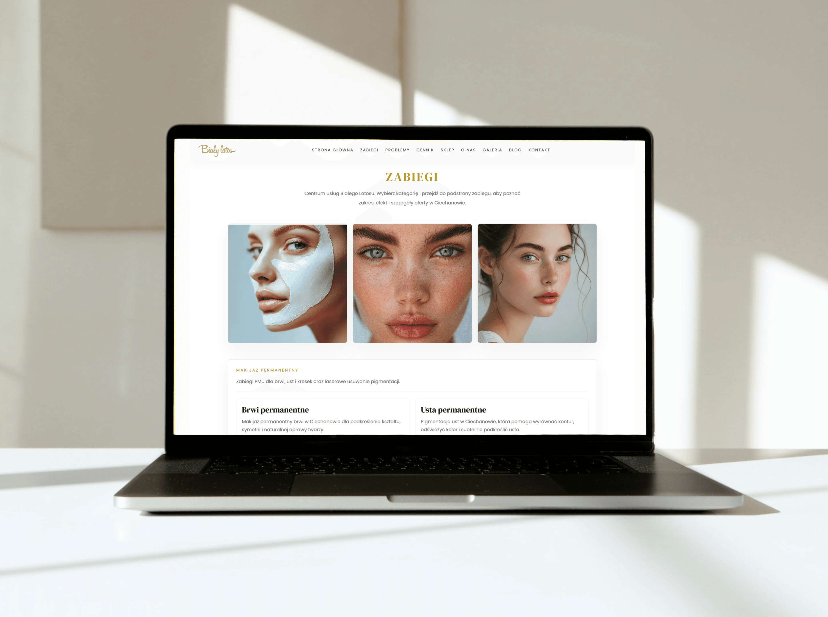 A laptop displaying the Biały Lotos Zabiegi page, showing three close-up beauty portraits above the Makijaż Permanentny treatment category.