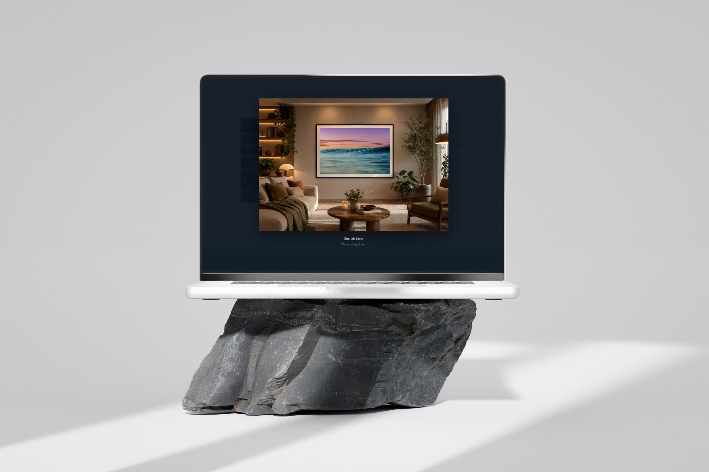 A laptop displaying the Nick Whittaker Imagery site, showing the 'Smooth Lines' print framed and styled in a warm living room.