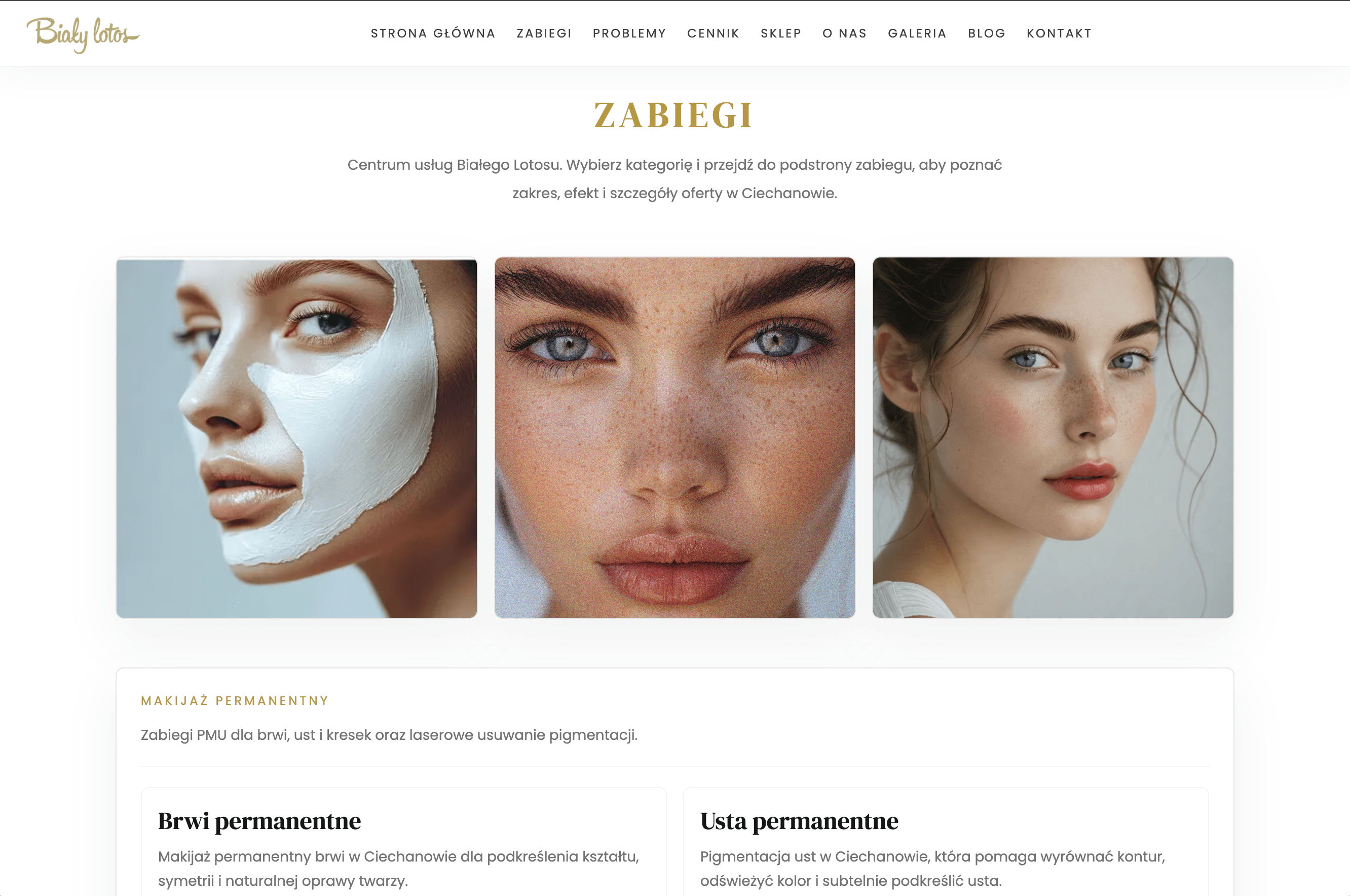 Zabiegi (treatments) hub page, opening with three close-up beauty portraits above the Makijaż Permanentny category.