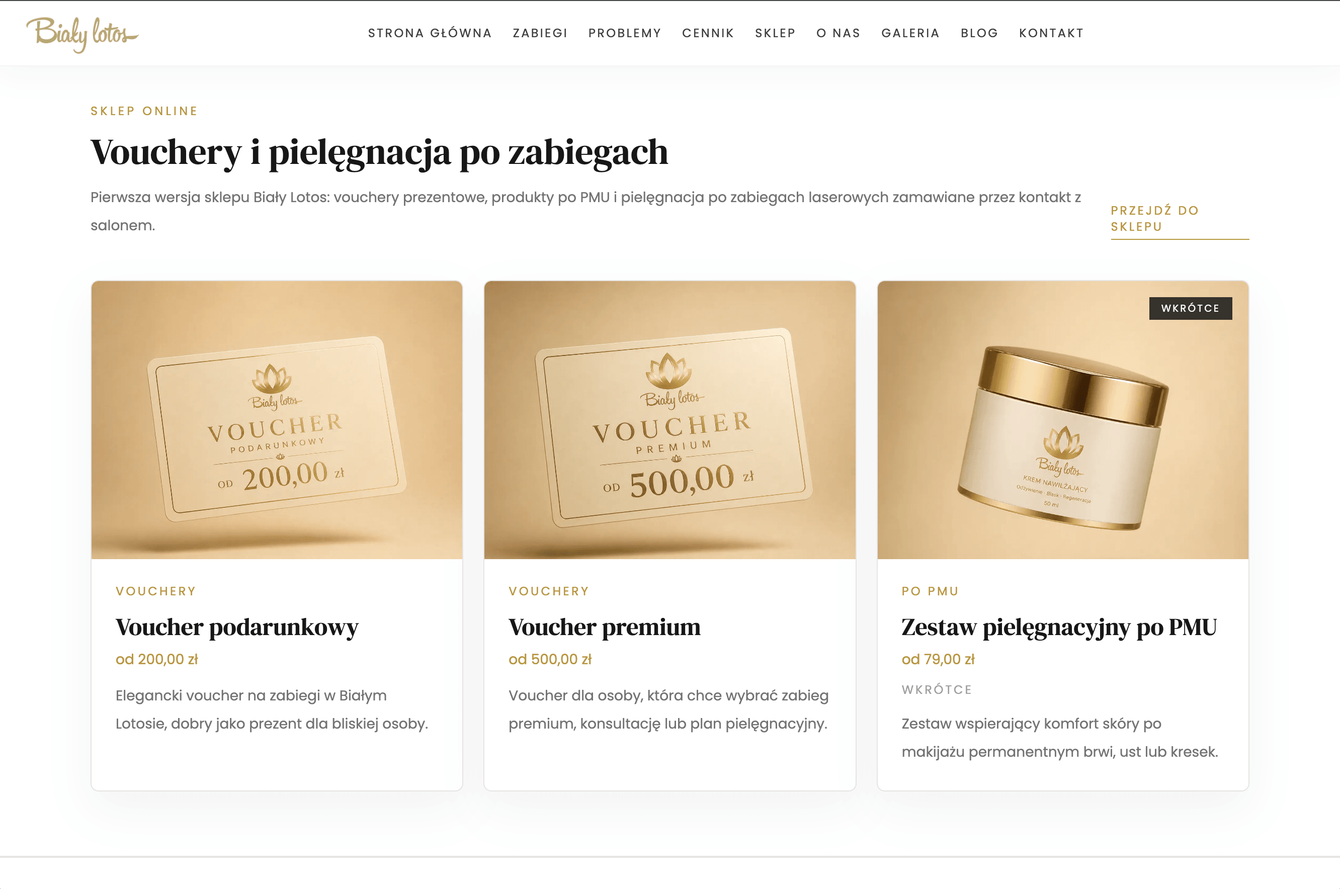 Sklep (shop) page showing a gift voucher, a premium voucher, and an aftercare cream product card.
