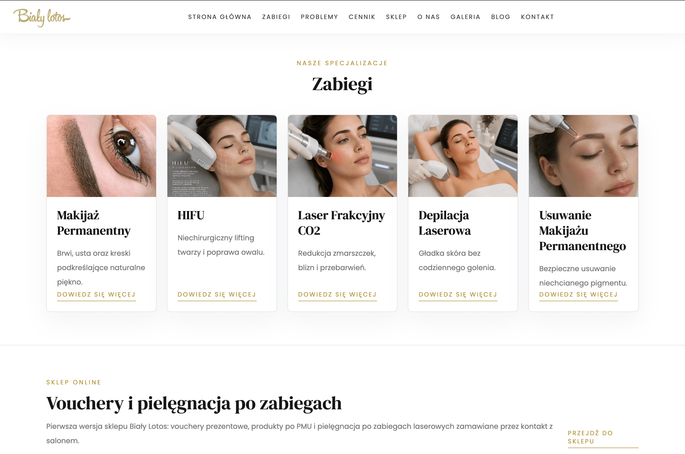 Zabiegi page showing five specialty cards — Makijaż Permanentny, HIFU, Laser Frakcyjny CO2, Depilacja Laserowa, and Usuwanie Makijażu Permanentnego — above the Sklep teaser section.