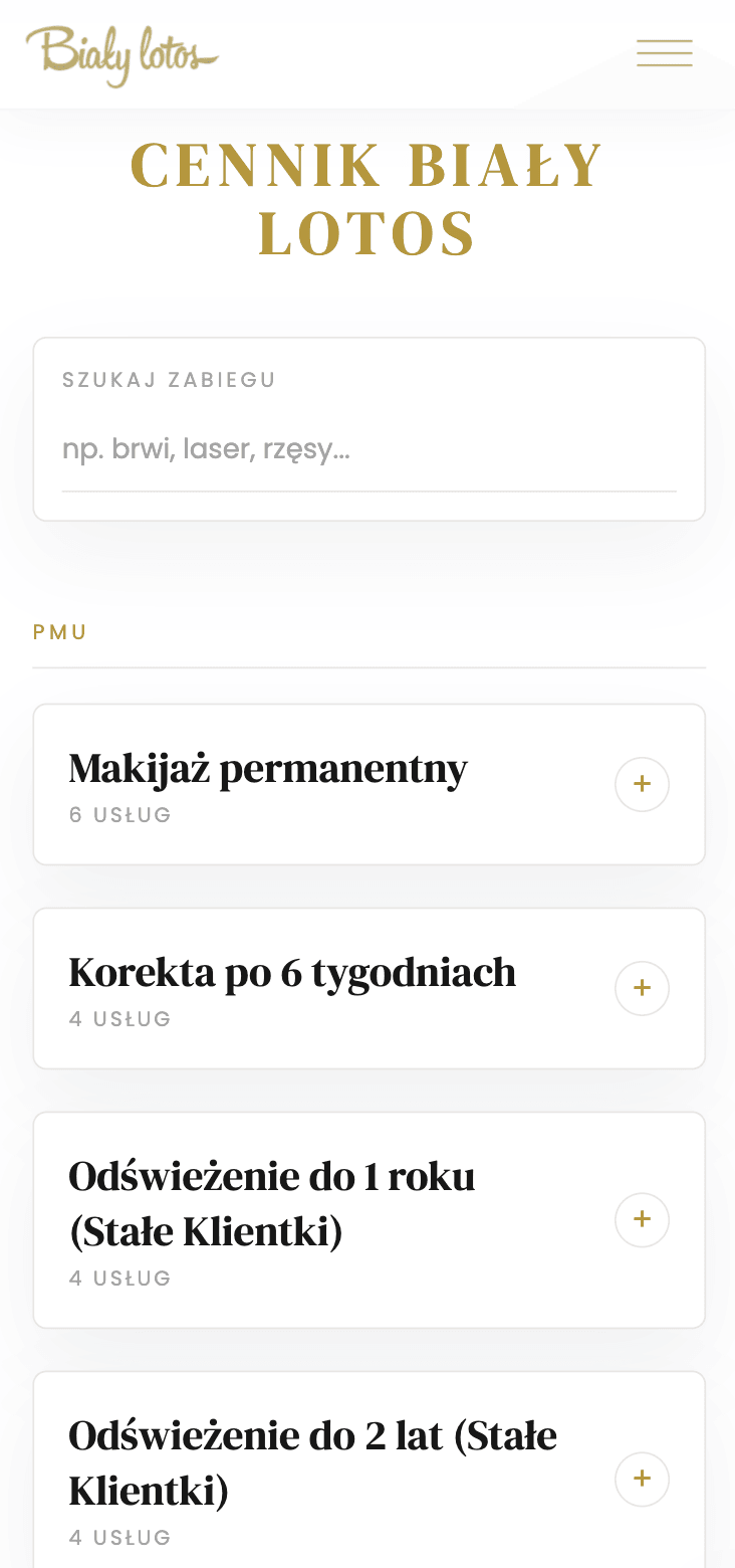 Cennik (price list) page on mobile, with a live search field and collapsible PMU category cards.