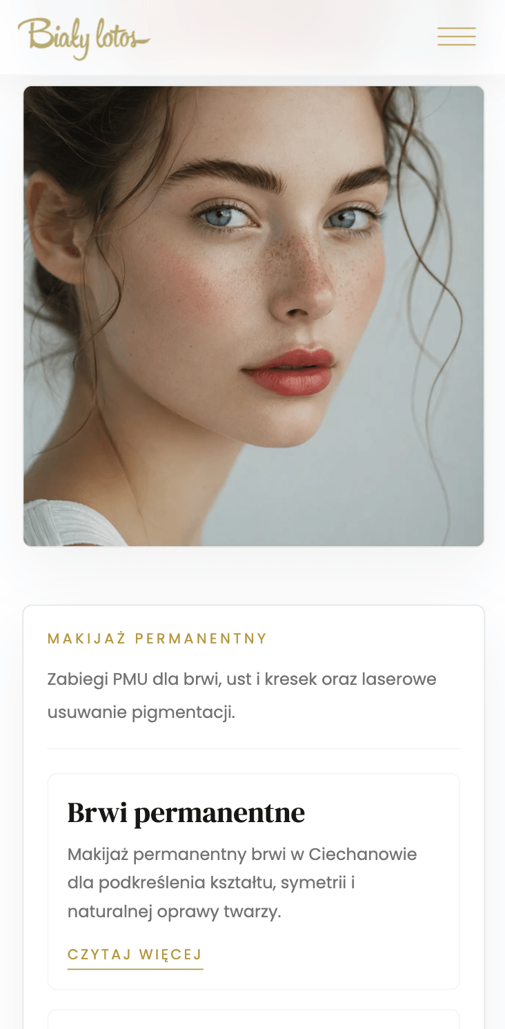 Treatment detail page for Makijaż permanentny on mobile, showing a portrait hero above the treatment description and a Brwi permanentne subsection.