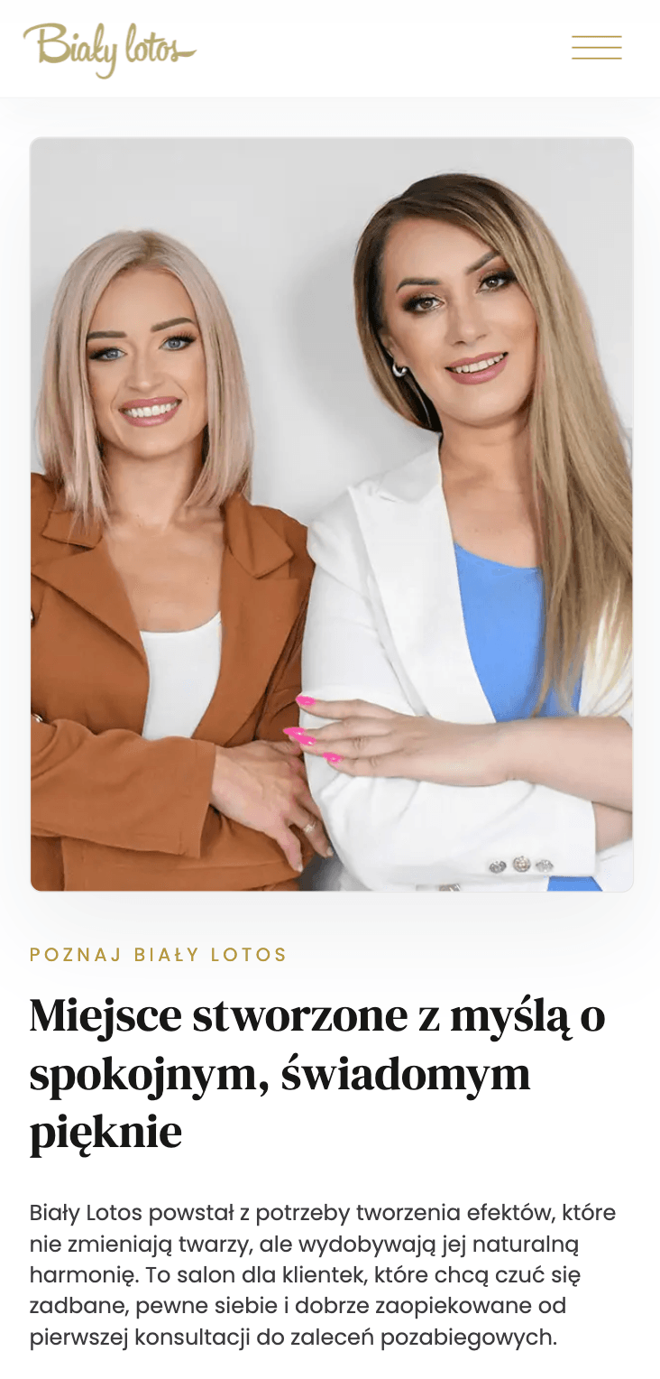 O nas (about) page on mobile, showing a portrait of the two-person salon team above the heading 'Miejsce stworzone z myślą o spokojnym, świadomym pięknie'.