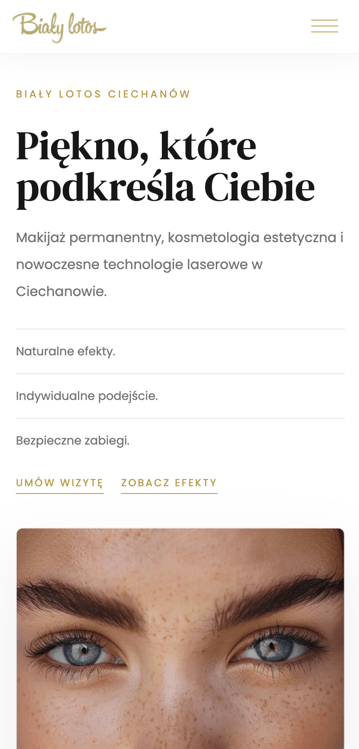 Biały Lotos homepage on mobile, showing the 'Piękno, które podkreśla Ciebie' headline stacked above the trust line and call-to-action buttons.