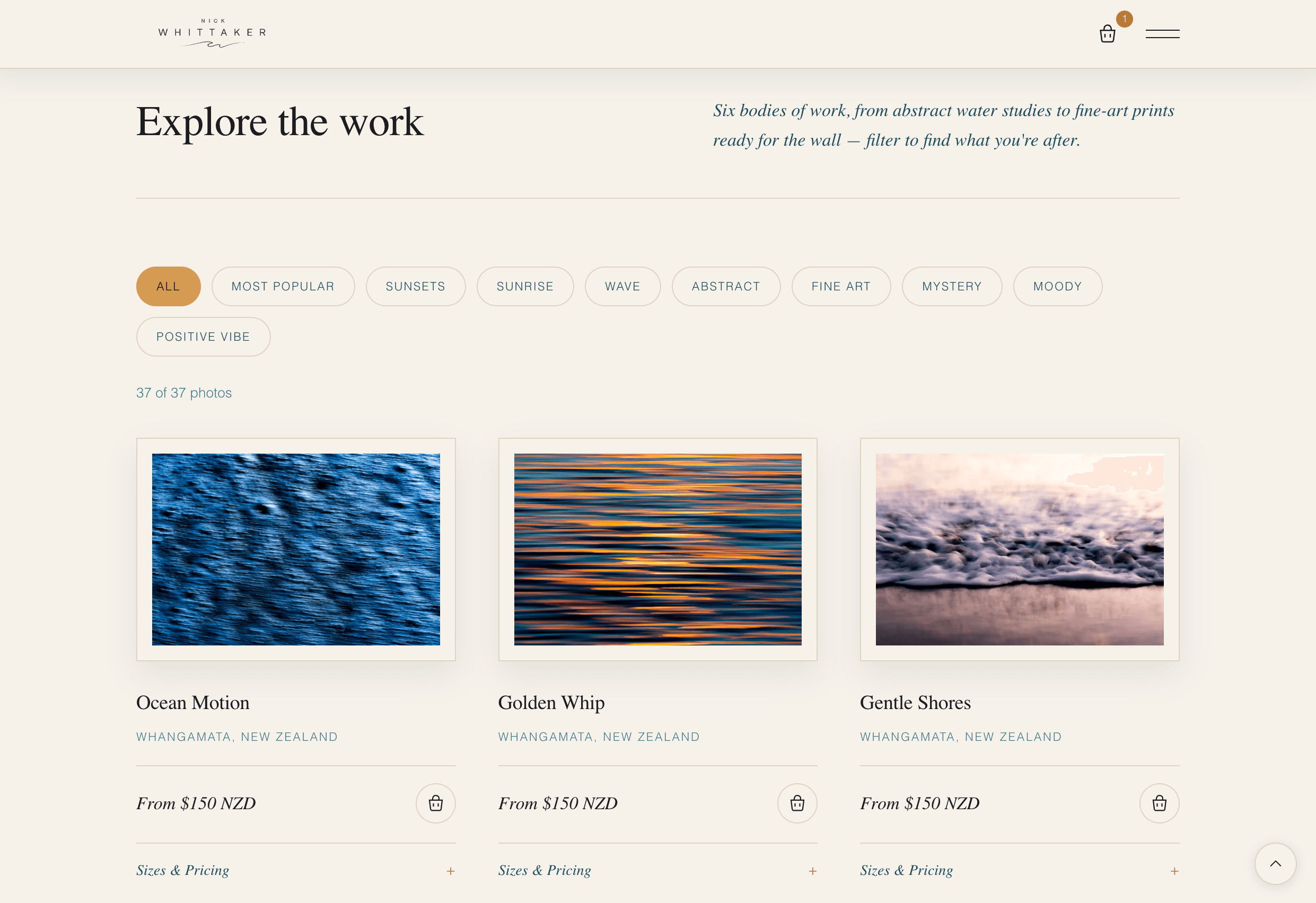 Explore the work gallery page, showing 37 photos across six bodies of work with filter pills for Sunsets, Wave, Abstract, and more.
