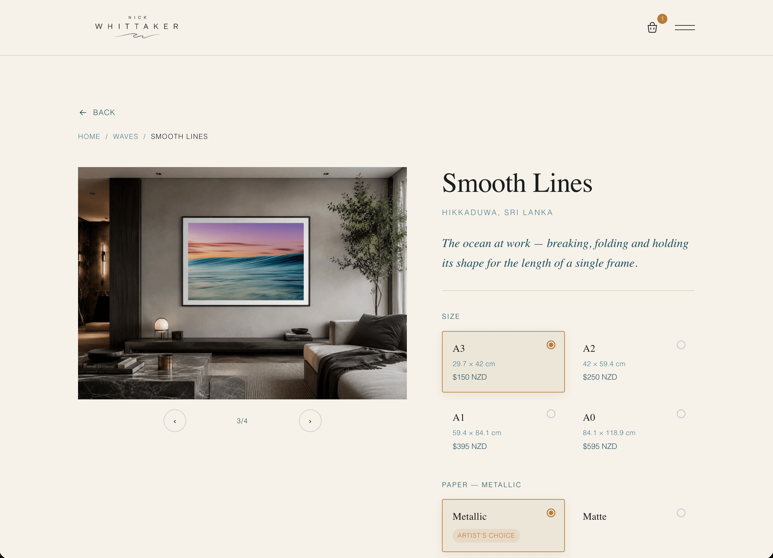 'Smooth Lines' print framed and hung in a moody, dark-toned living room, shown on the product page alongside size and paper options.