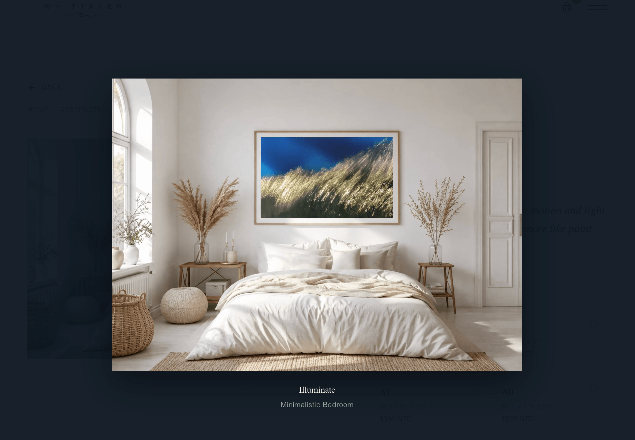 Zoomed lightbox view of the 'Illuminate' print above the bed in a bright, minimalist bedroom, labelled 'Minimalistic Bedroom'.