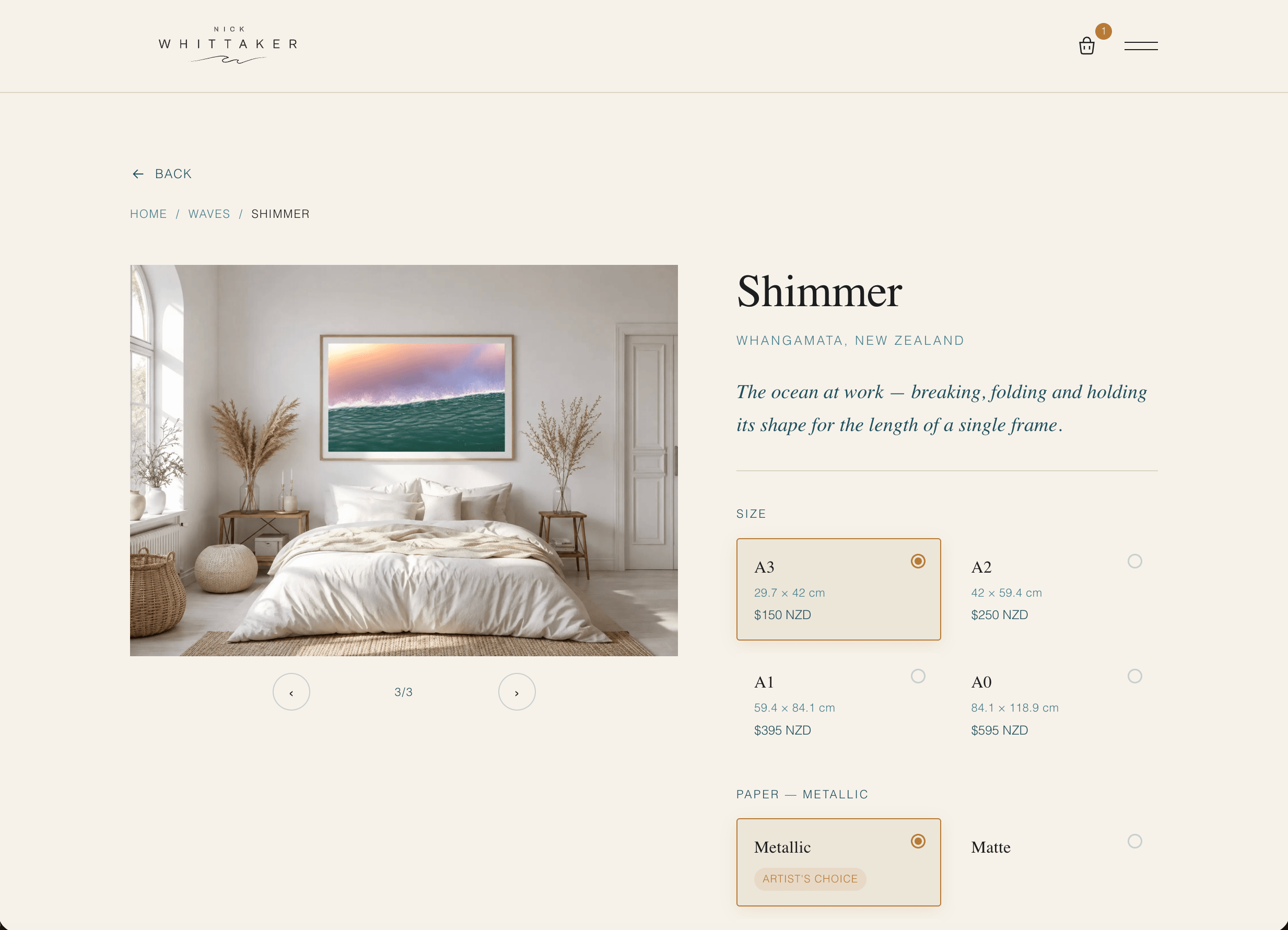 'Shimmer' print framed and hung above the bed in a bright, minimalist bedroom, shown on the product page alongside size and paper options.