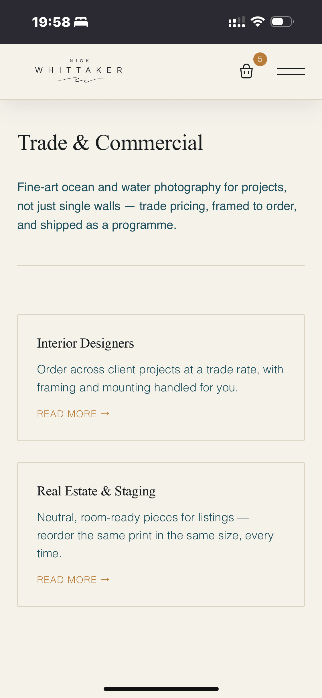 Trade & Commercial page on mobile, with sections for Interior Designers and Real Estate & Staging.