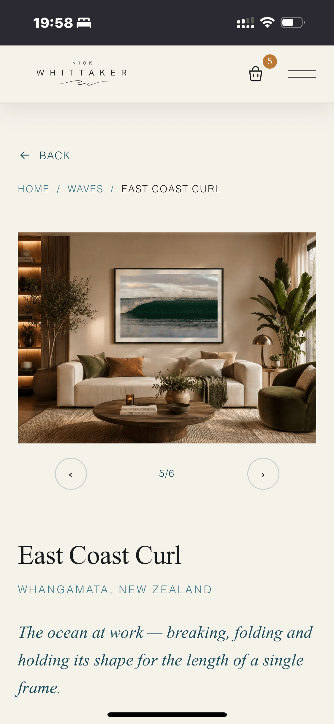 Mobile product page for 'East Coast Curl', shown framed in a warm, textured living room in Whangamata, New Zealand.