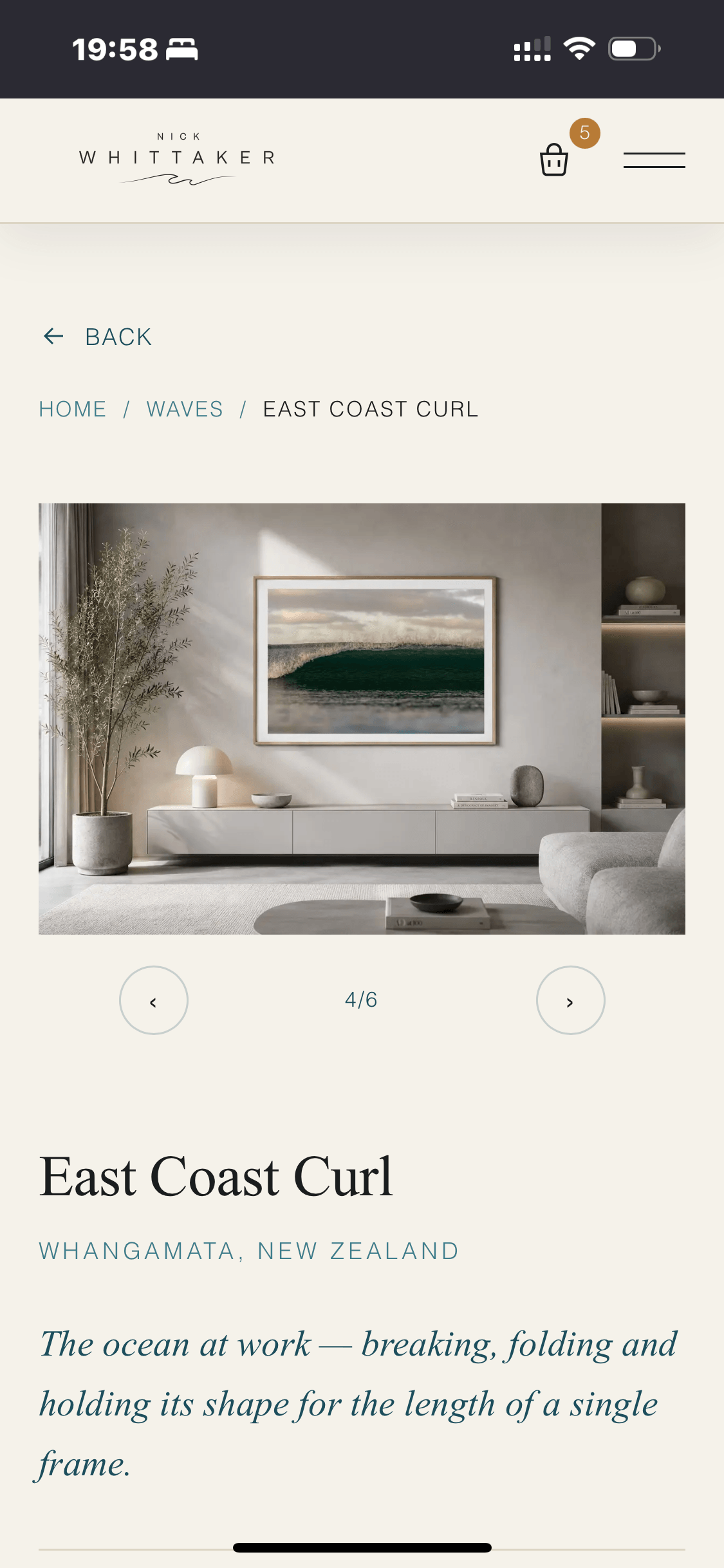 Mobile product page for 'East Coast Curl', shown framed in a light, minimal living room.