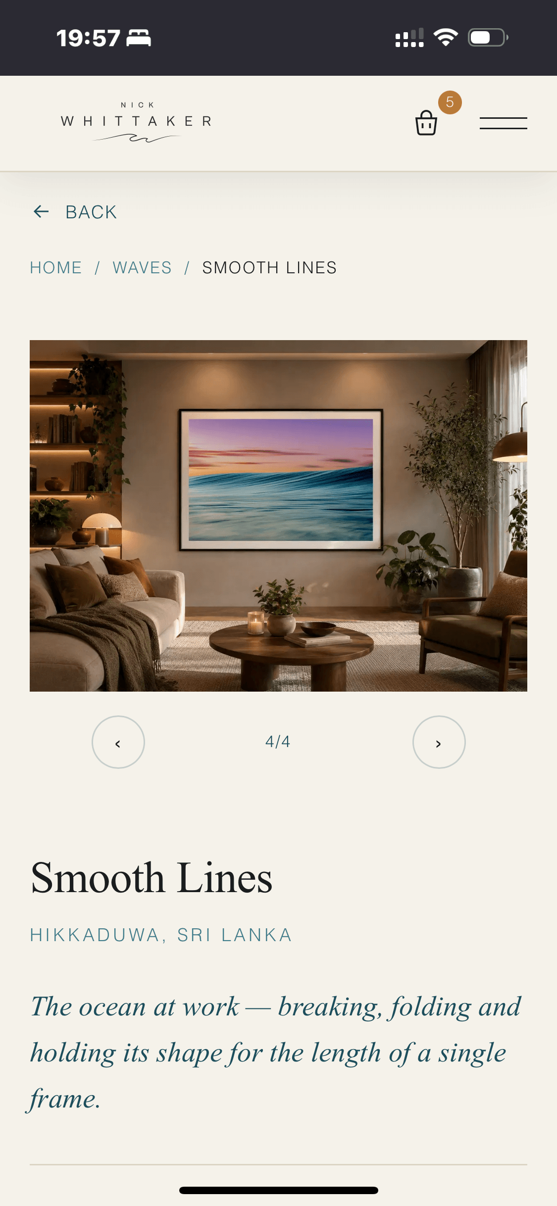 Mobile product page for 'Smooth Lines', shown framed in a warm living room.
