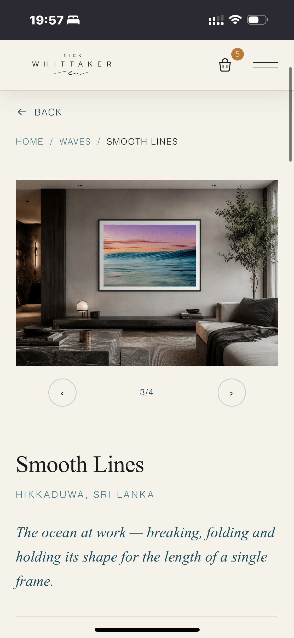 Mobile product page for 'Smooth Lines', shown framed in a moody, dark-toned room.