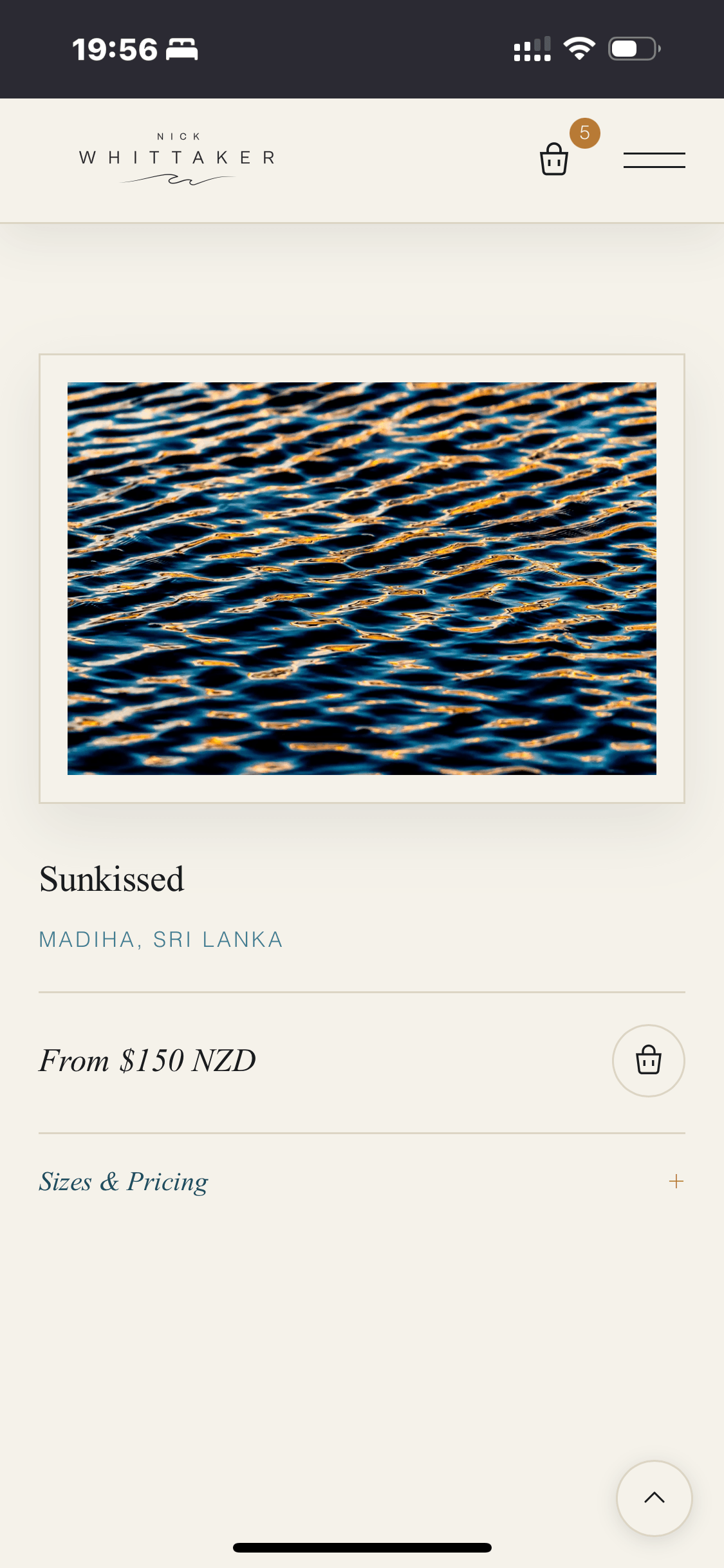 Mobile product card for 'Sunkissed', priced from $150 NZD, with an add-to-cart button and expandable sizes and pricing.