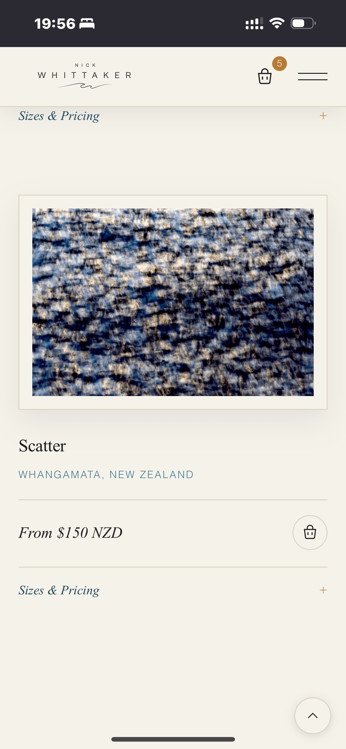 Mobile product card for 'Scatter', priced from $150 NZD, with an add-to-cart button and expandable sizes and pricing.