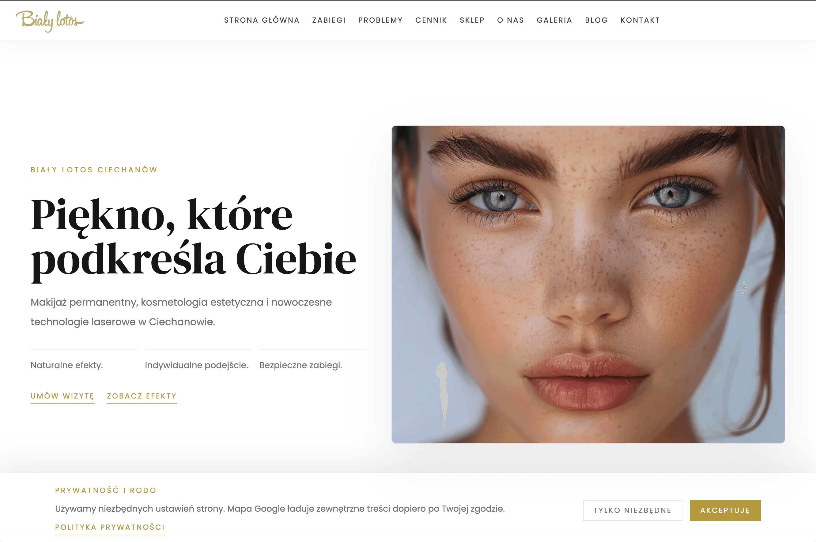 Biały Lotos homepage — 'Piękno, które podkreśla Ciebie' headline beside a close-up beauty portrait, with a cookie-consent banner for the Google Maps embed.