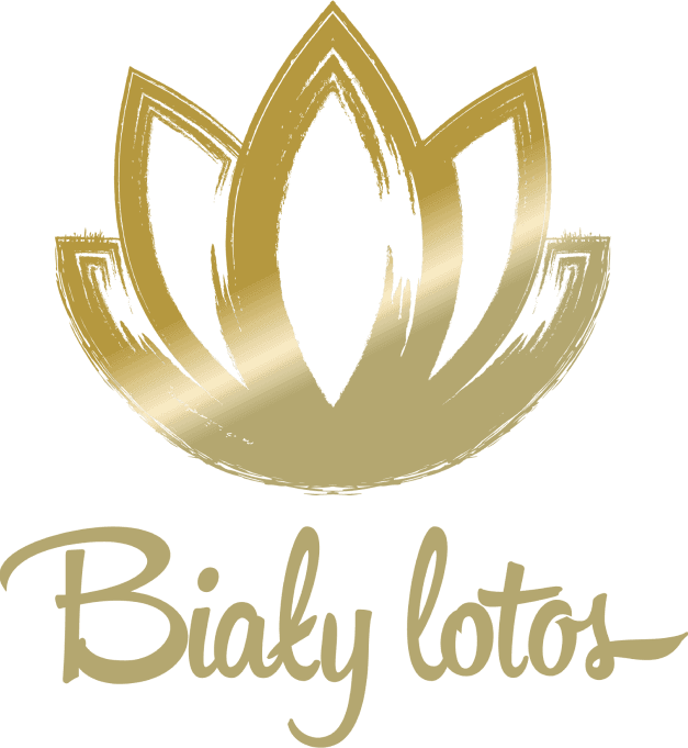 Biały Lotos logo — a gold foil lotus mark above a hand-lettered script wordmark reading 'Biały lotos'.