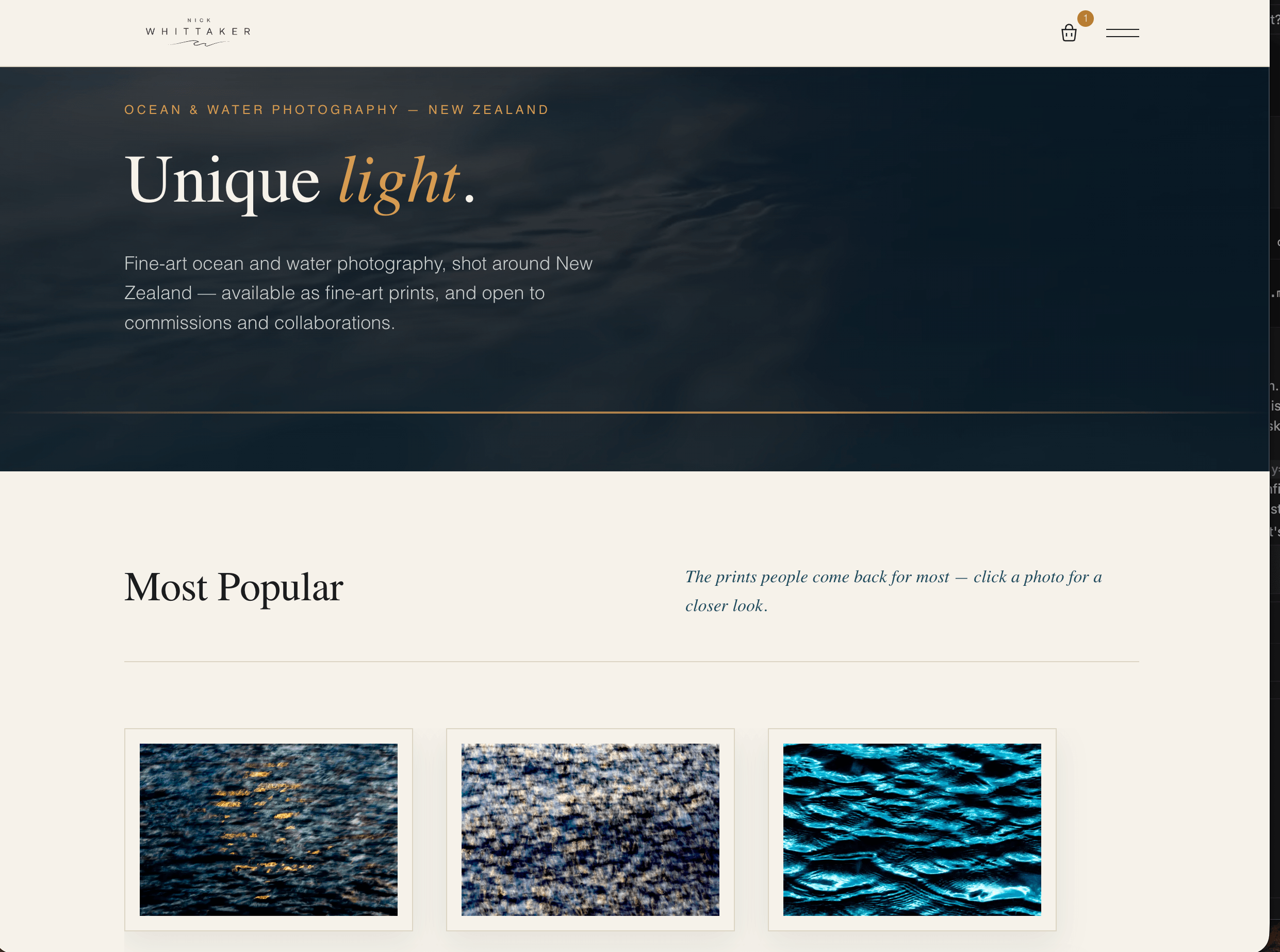 Nick Whittaker Imagery homepage — 'Unique light.' headline over fine-art ocean and water photography, with a Most Popular print grid below.